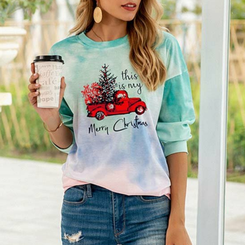 Green Tie-Dye 'Merry Christmas' Car Crewneck Top